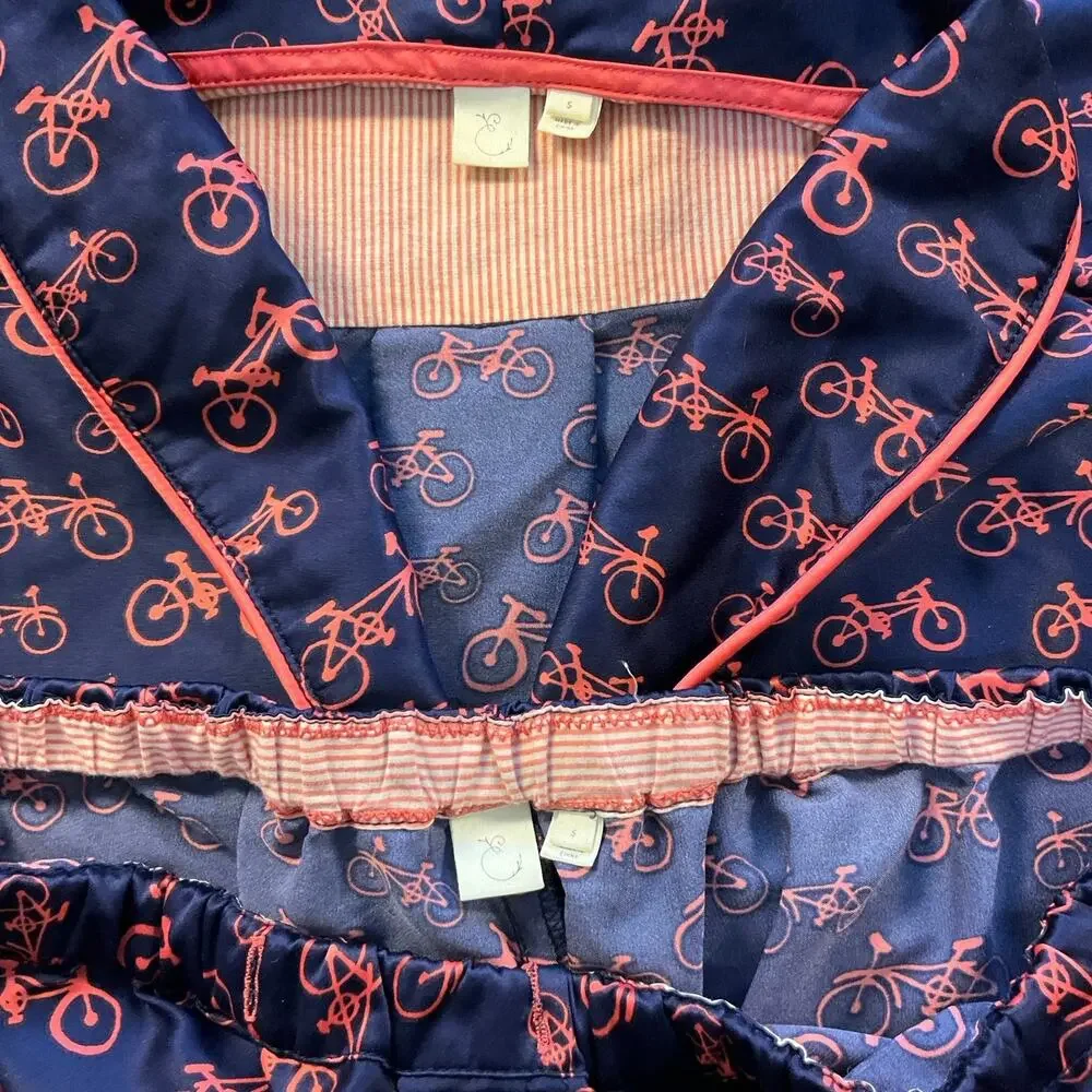 Anthropologie Bicycle Print Pajama Set Women’s Small Navy Pink Lounge Satin